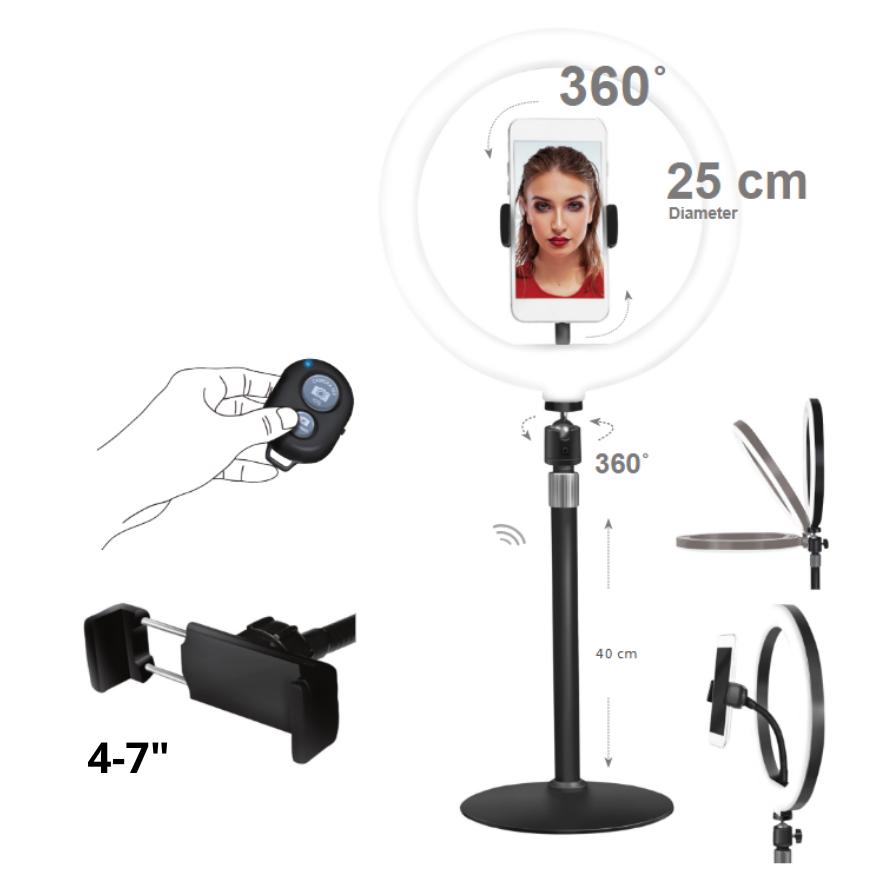LED ring lamp LogiLink tripod height 40cm BT remote control for smartphone