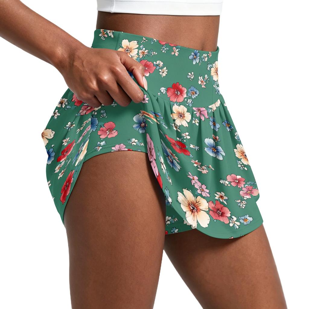 Damen Faltenrock mit Blumenmuster und integriertem Hosenrock Sportlicher Tennis-Skort zum Laufen, Yoga, Fitness, Freizeit