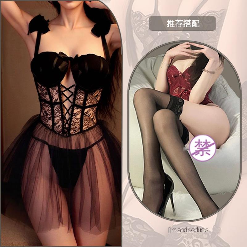 Sexy lingerie slim mesh perspective plus chest pad steel ring gathering women's suspender sex nightdress set
