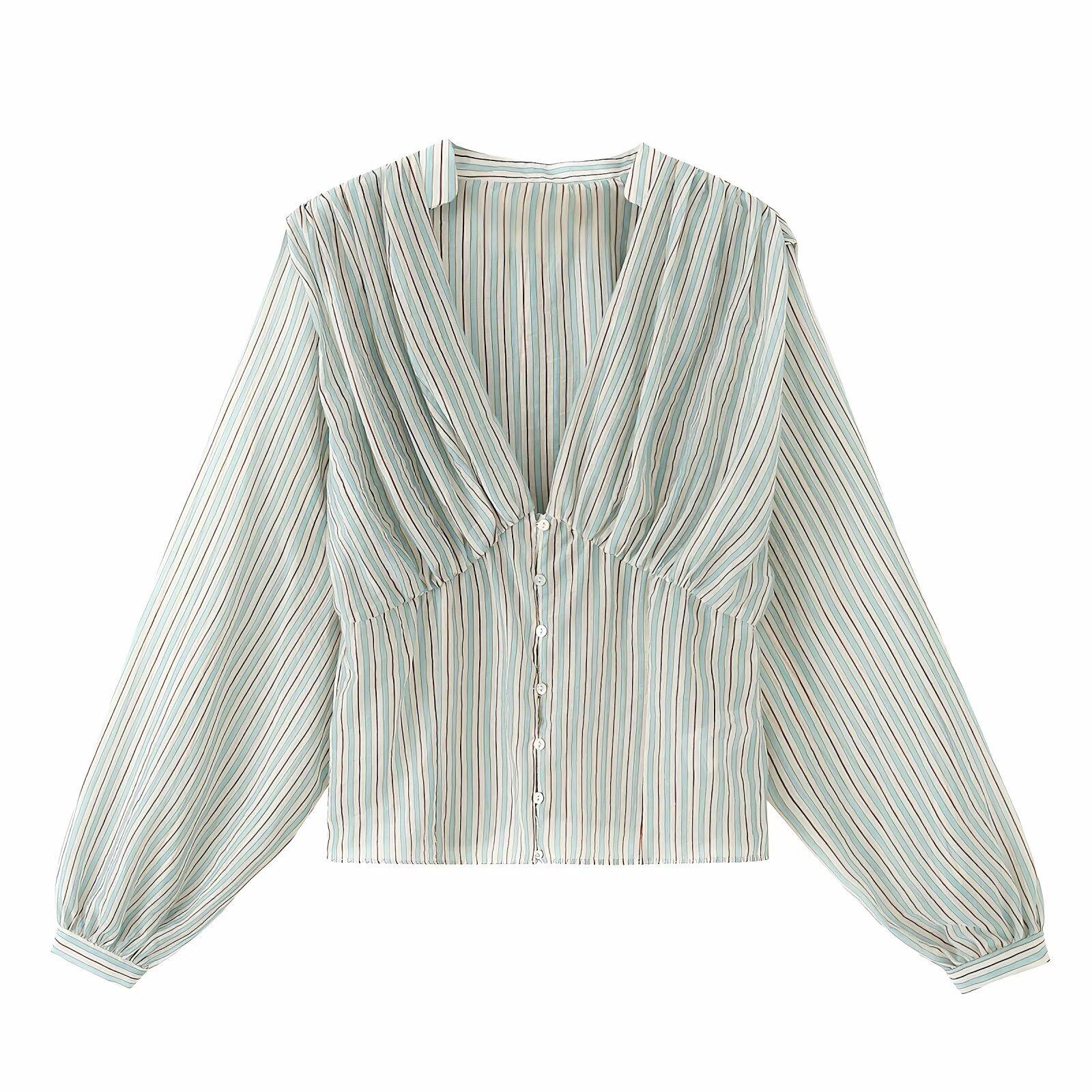European and American style, new women s clothing, foreign style, fashionable V-neck casual striped waist shirt XS