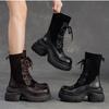 Johnature Genuine Leather Splicing Stretch Fabric Thick Soled Mid-calf Boots Versatile Women's Platform Boots