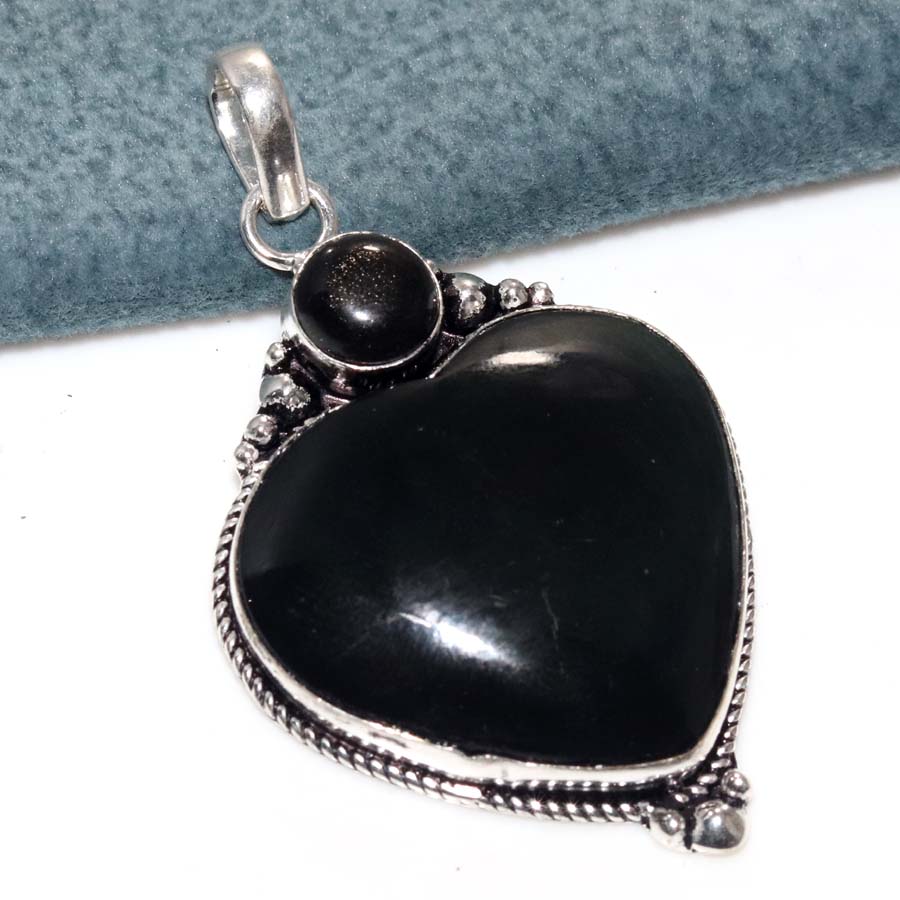 Exclusive Heart Black Onyx Silver Obsidian 925 Silver Plated Pendant 2" M4M24