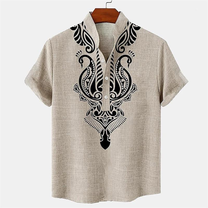 Men's Shirt Ethnic Style 3D Printing Henley Shirt, Men's Fashion Button Down Collar Short Sleeve, High Quality Men's Tops