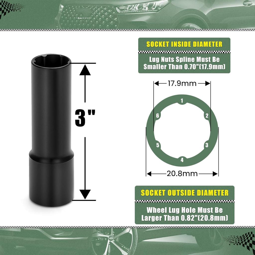 Small 6 Point Spline Lug Nut Socket, 1/2-Inch Drive Impact Square Tool – Easily Remove M12X1.5, M12X1.25, 1/2-20, M10X1.25, 3/8-20 Lug Bolts/Nuts |
