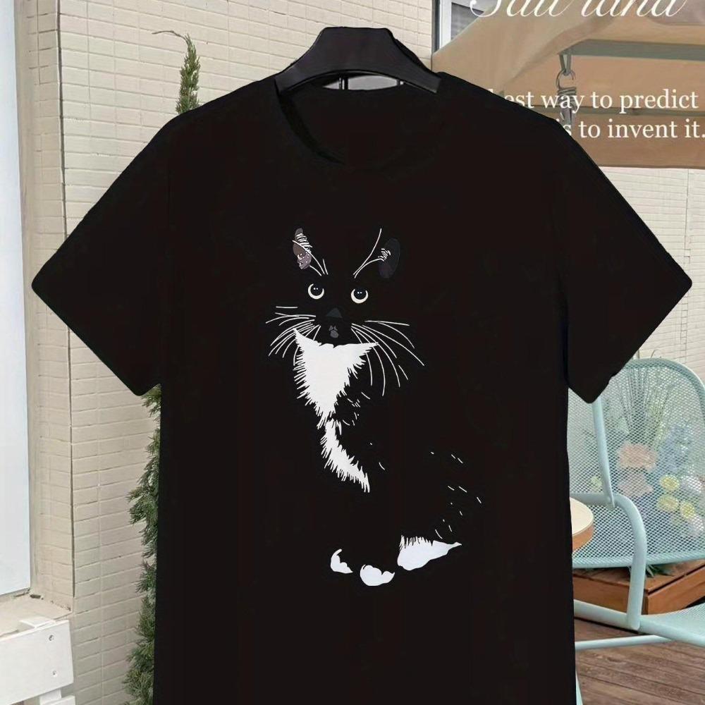 Retro Y2K Tuxedo Cat Print T-Shirt, Soft Breathable Crew Neck Short Sleeve Tee for Men Women, Casual All-Season Wear, Christmas Gift