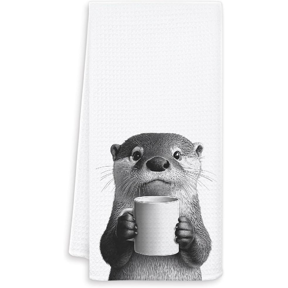 Funny Coffee Otter Kitchen Towels, Gifts for Otter Lovers Dish Tea Towel for Kitchen Coffee Bar Station Decor, Coastal Beach Hand Towels, 16x24 Inch