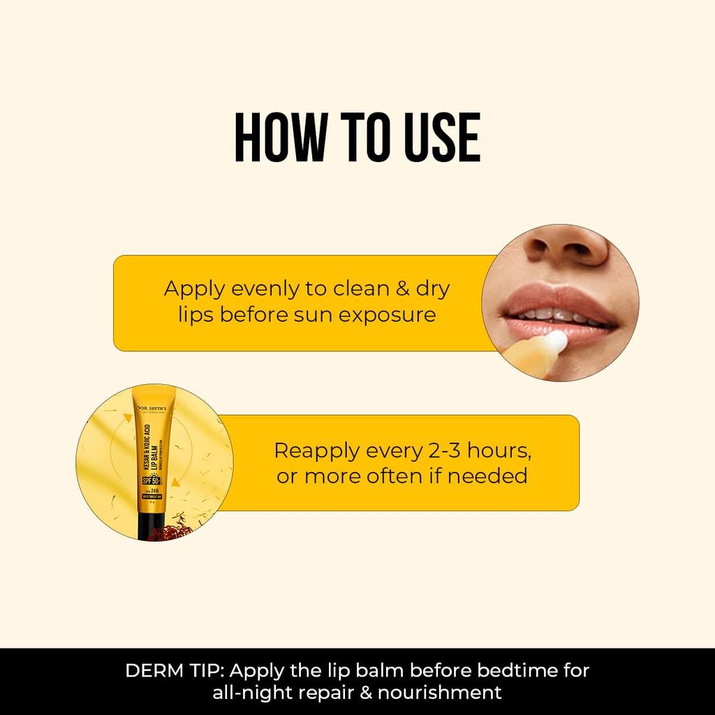 Dr. Sheth's Kesar & Kojic Acid Lip Balm 10g Pack of 1 with SPF 50+ for Hydrated, Smooth Lips