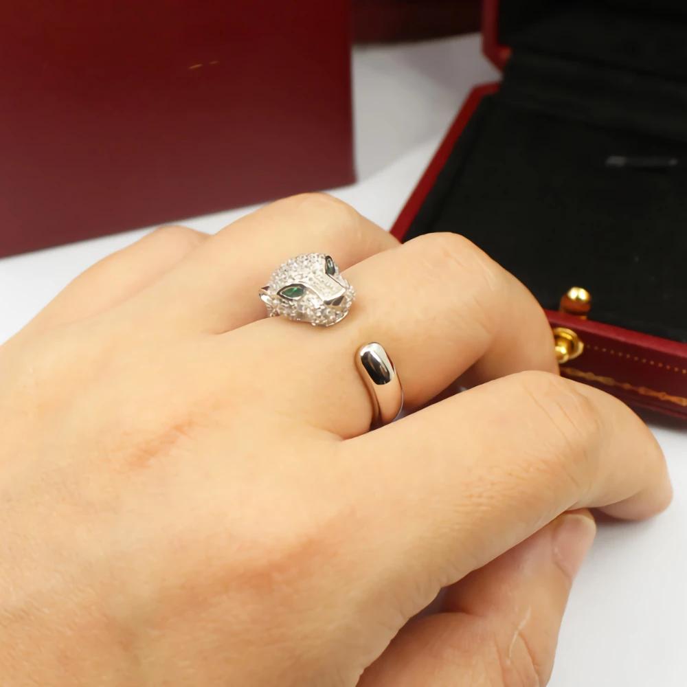 Noble 925 Sterling Silver Noble Crystal Leopard Head Rings for Women Lady Men Casual Fashion Party Wedding Engagement Jewelry