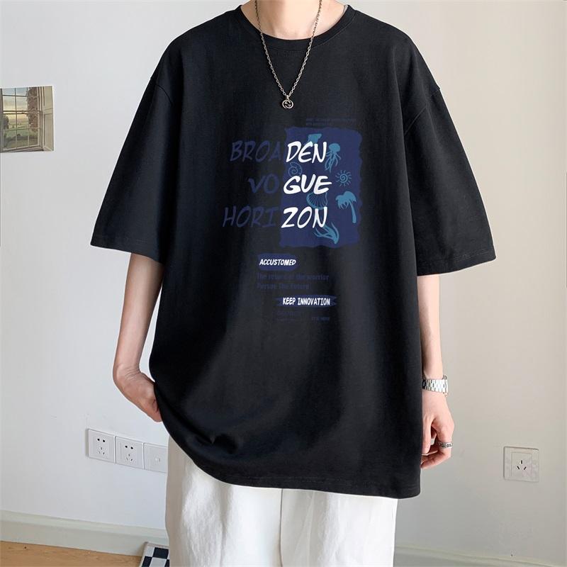 100% Cotton Printed Short Sleeve T-shirt Men's Half-sleeved Men's Fashion Brand Ins American Loose Body Shirt Men's Top