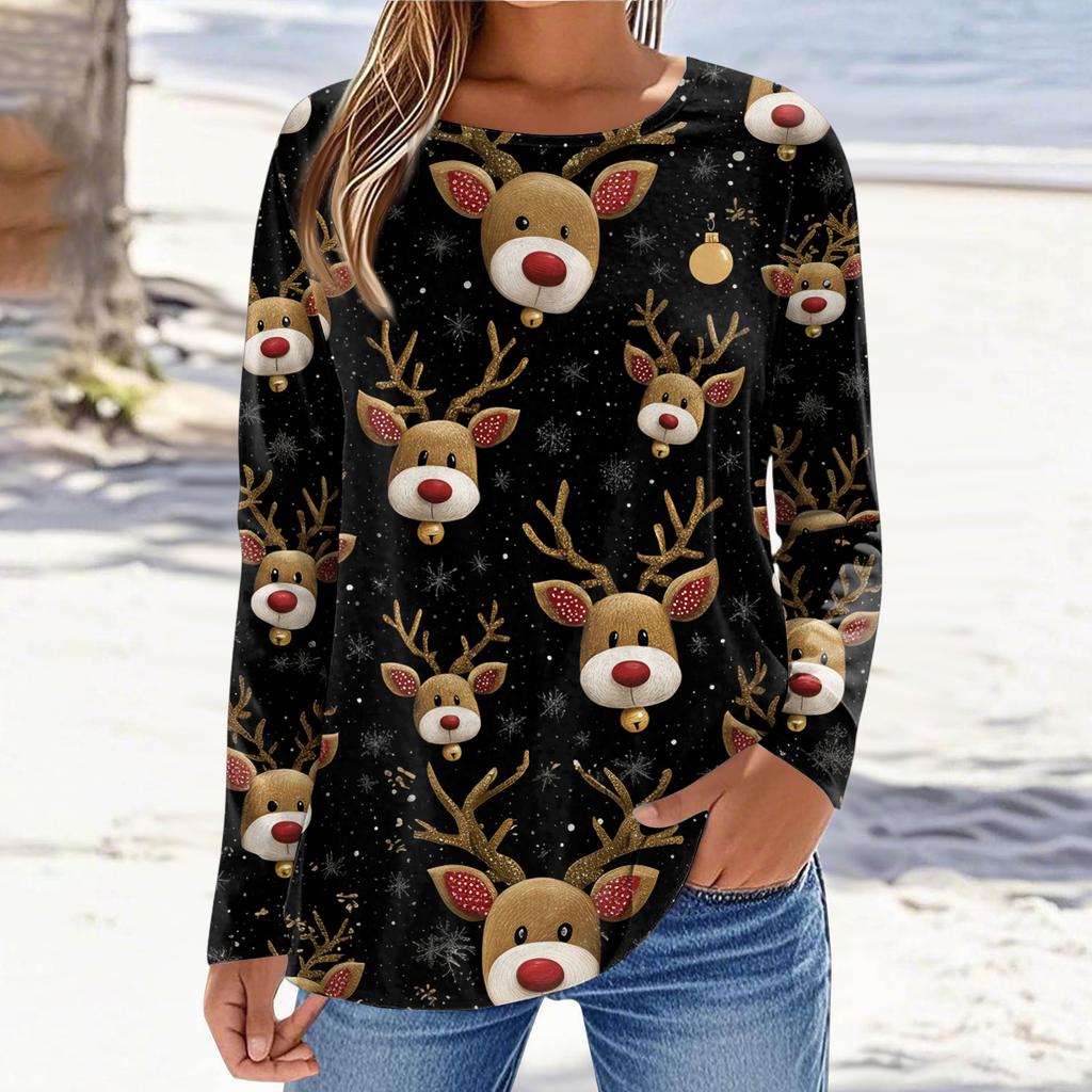 Women's Fashion Casual Long Sleeve Christmas Printed Round Neck Top