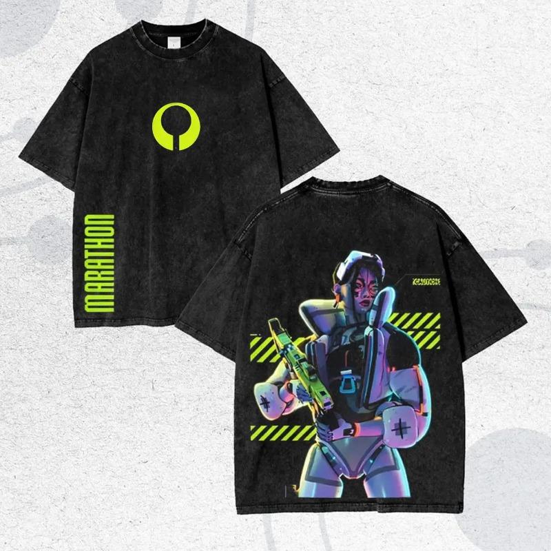 

Vintage Washed T-Shirt Neon Glitch Sci-Fi Streetwear Tee Summer Men s and Women s Washed T-shirt S