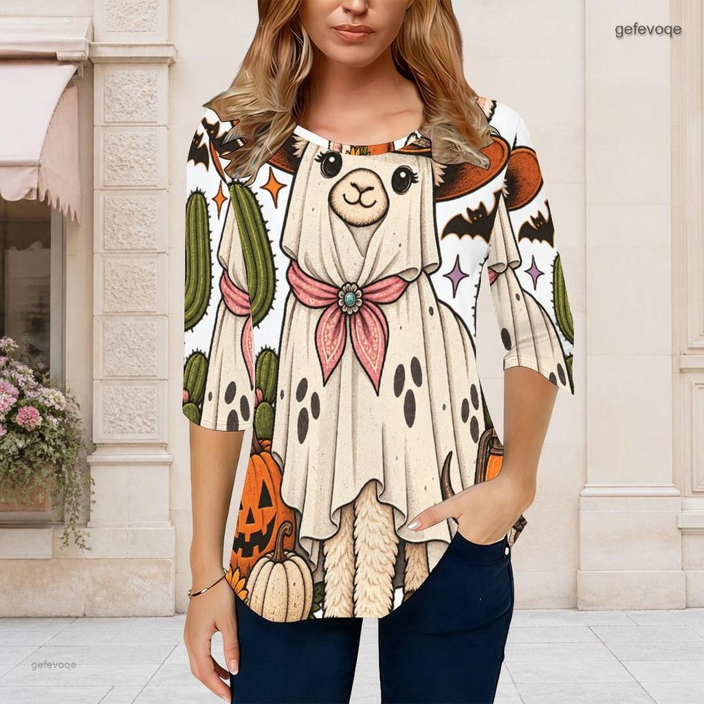 Women Plus Size Round Neck 3 4 Sleeve Printed T Shirt Black Cartoon Stationery Curved Hem