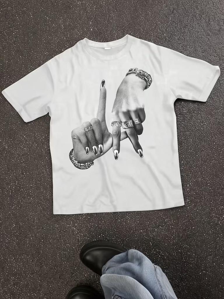 Y2K Los Angeles Print Unisex TShirt Short Sleeve Casual Top with Hand Gesture  LetteringRelaxed Fit Round Neck Themed Outfits