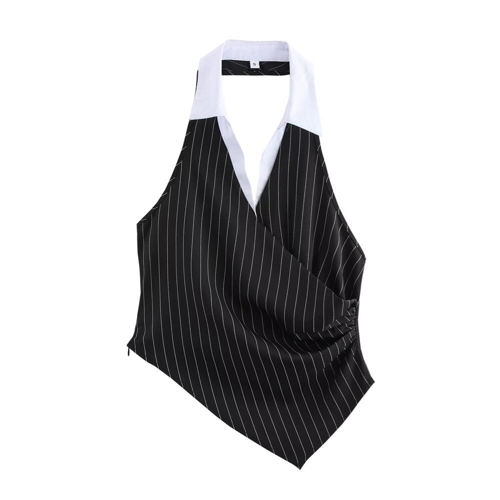 

2025 Spring Women s Slim Striped Lapel Patchwork Top Medium чёрный