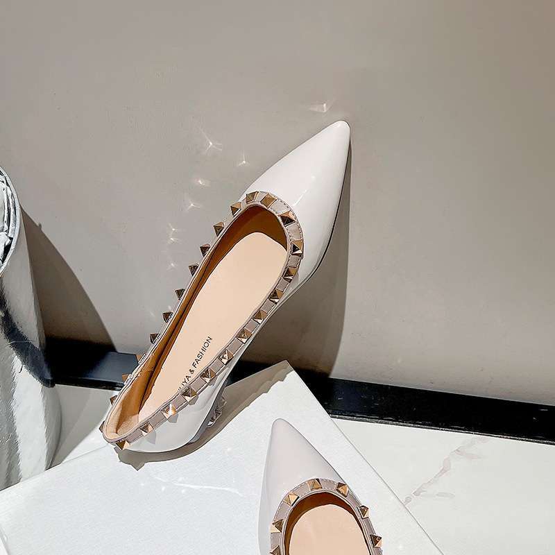 French Flat Shoes Rivets 2025 Summer New Patent Leather Pointed Single Shoes Women's Shallow Mouth Temperament Soft Sole Gentle Ladyshoes