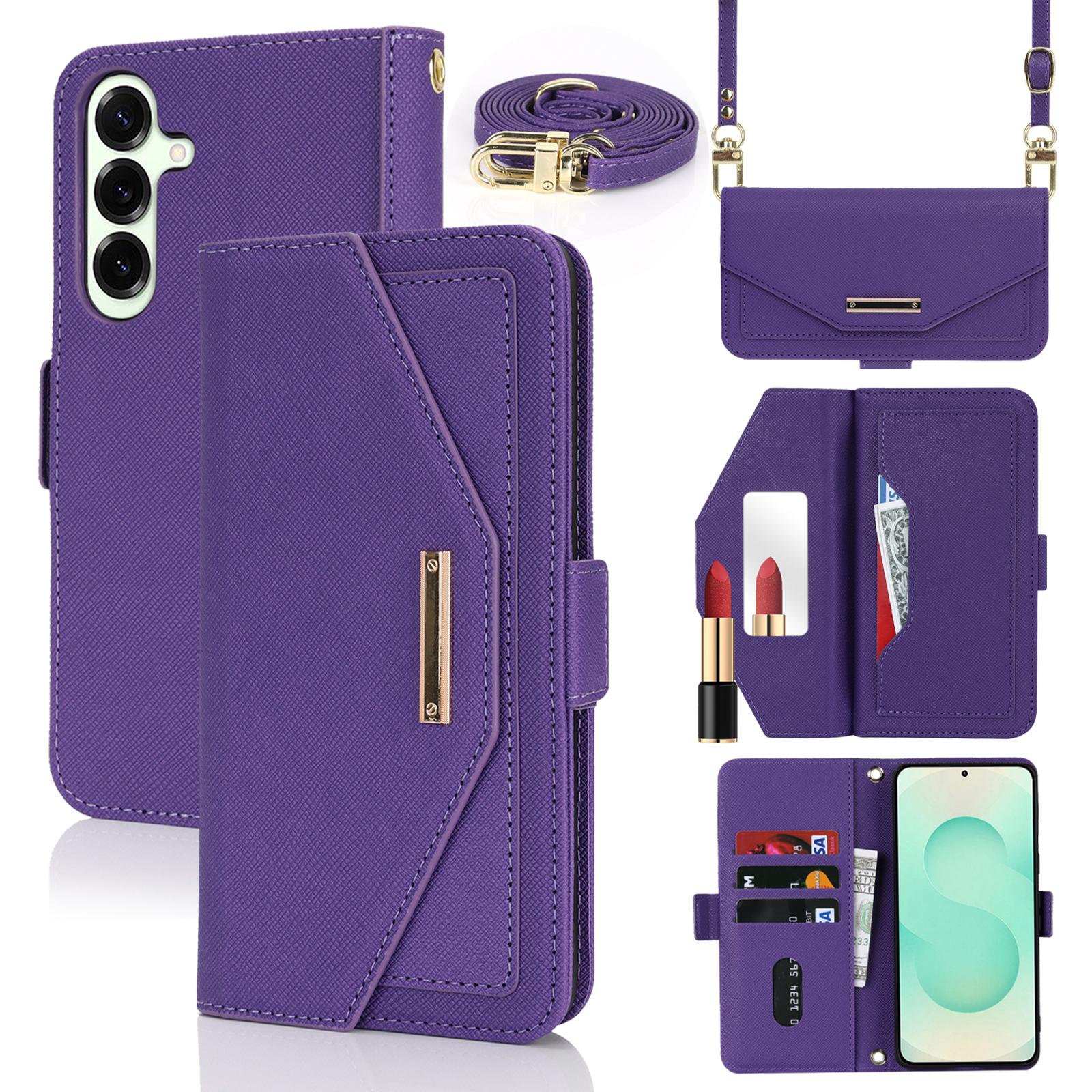 

For Samsung Galaxy S25+ Stand Case Cross Texture PU Leather Wallet Phone Cover with Shoulder Strap/Makeup Mirror Purple
