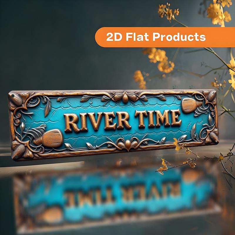 2D Flat, 2D Flat - A Vintage Aluminum Wall Sign with the Inscription "RIVER TIME," Designed Specifically for Office, Shop, Home, Farmhouse, and Porch