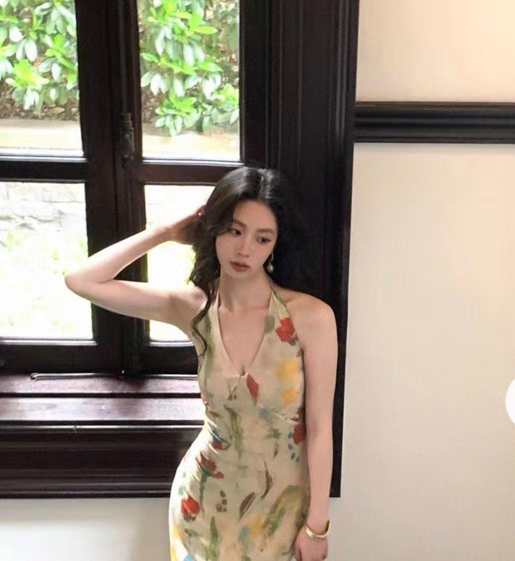 2026 summer new temperament long dress vacation war dress women s retro mesh floral neck dress women s clothing S