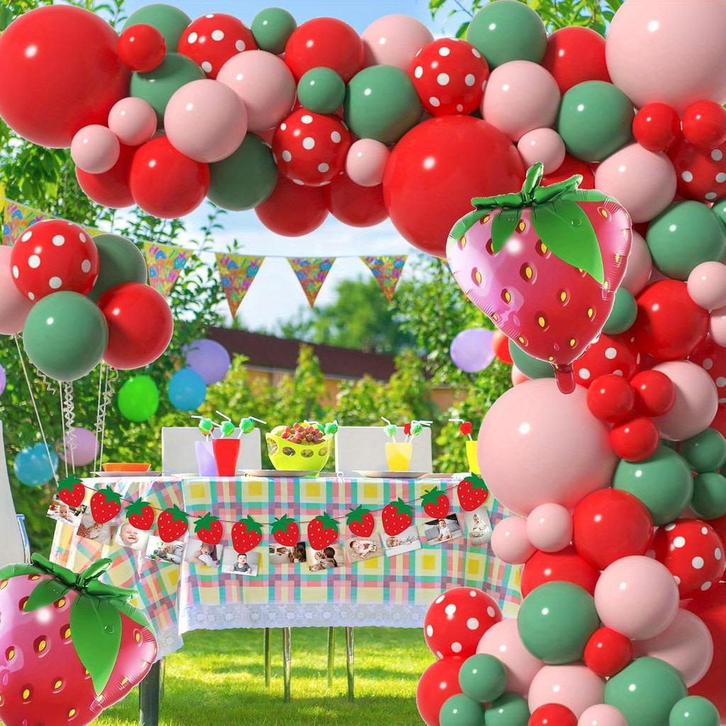 130pcs Red and Green Strawberry Balloon Arch Kit Berry Sweet Birthday Party Decorative Wreath Suitable for Birthday Parties PROM