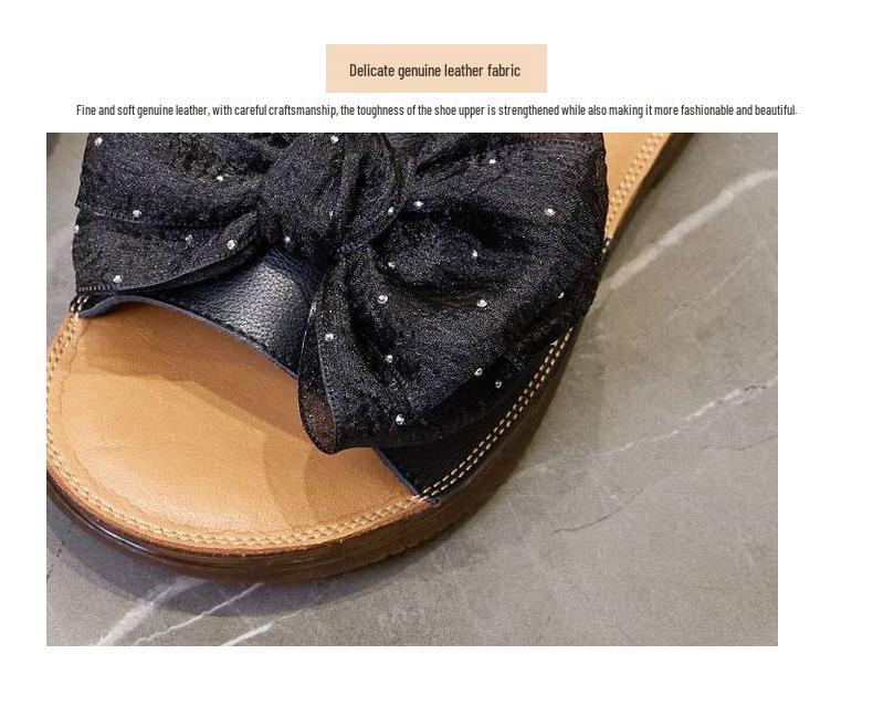 Women's Genuine Leather Bowknot Sandals, Sizes 35-43, Casual One-Strap Soft Sole Slippers