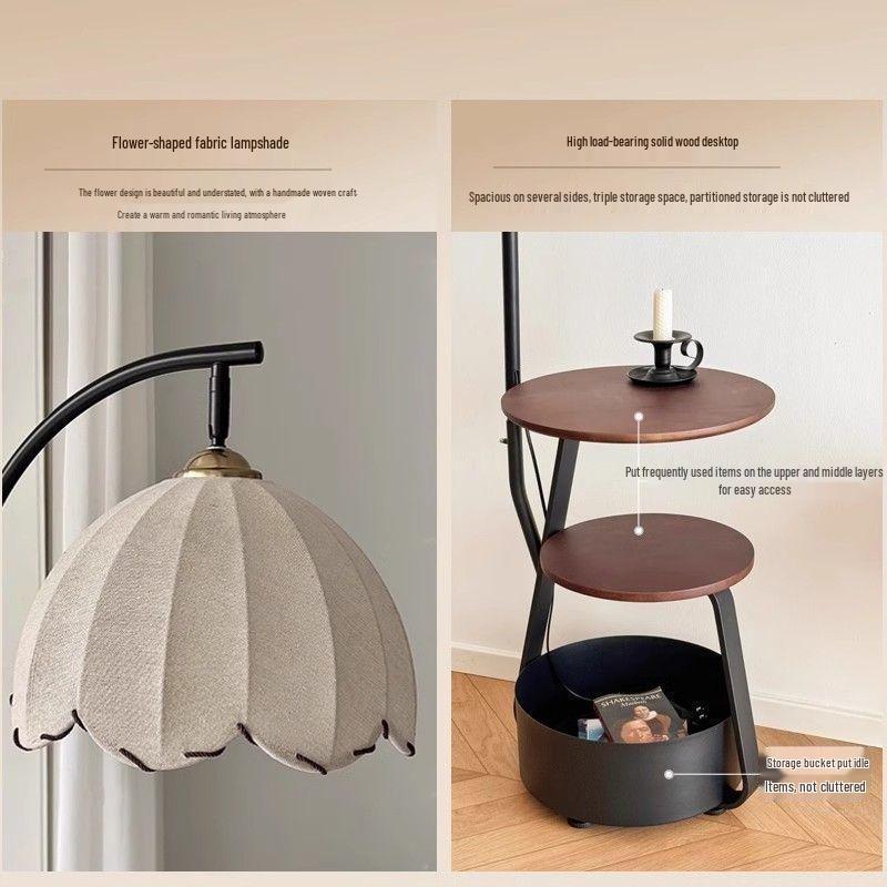 French Retro Mid-Century Bedside Floor Lamp with Storage - Ideal for Living Room or Sofa Side Decor.