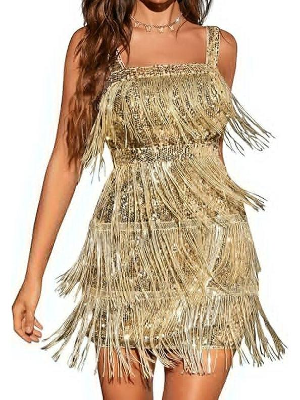2025 Tassel & Sequin Cocktail Party Dress - Solid Color Suspenders & Short Skirt