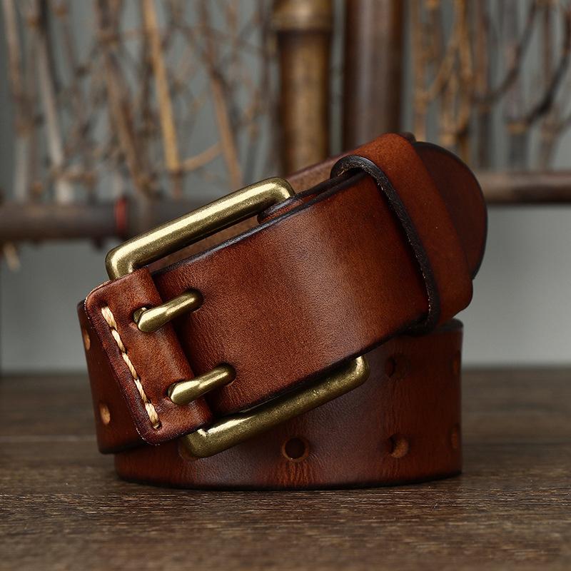 Men's Leather Double Needle Buckle Classic Tow Row Hole Jeans Belt Cowboy Hollowed Out Waistband Width:3.8cm Length:105-125cm