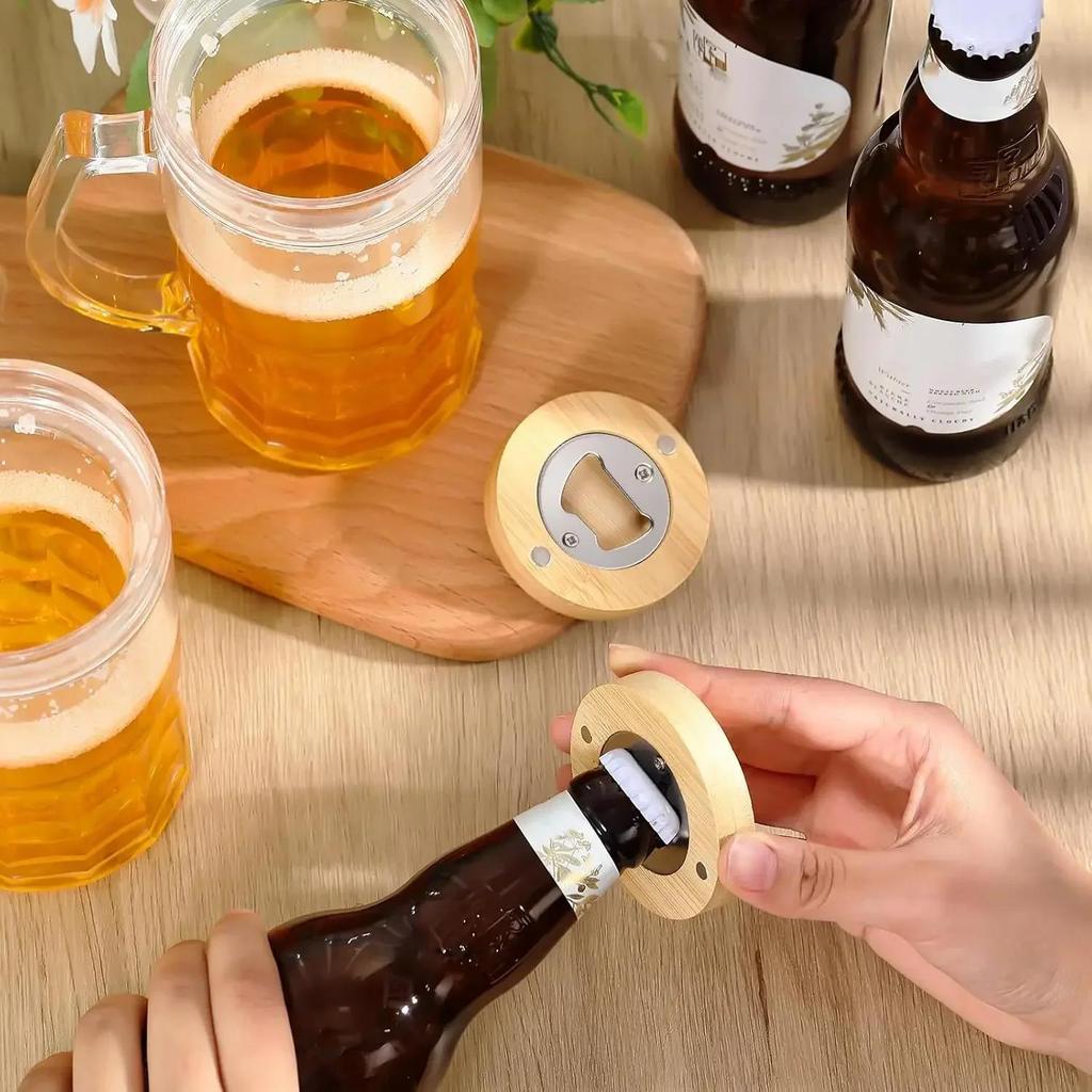1/10PCS Round Bamboo Bottle Openers Magnetic Beer Bottle Opener Portable Fridge Magnet Opener for Wedding Party Beverages Gadget1