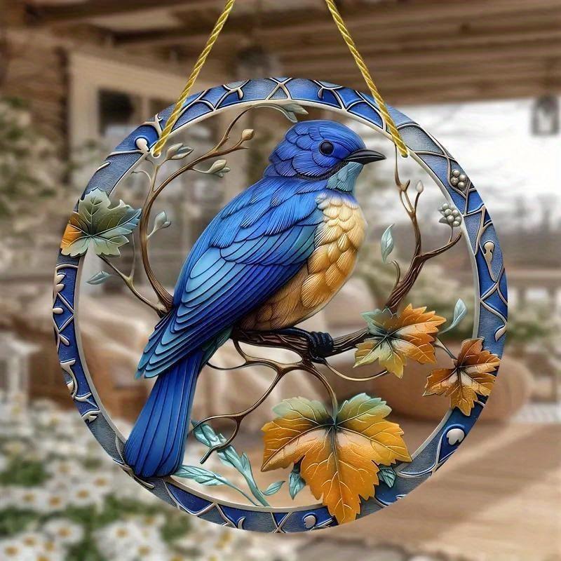 Blue Bird Simulated Branch Pattern Circular Acrylic Pendant Garden Decoration
