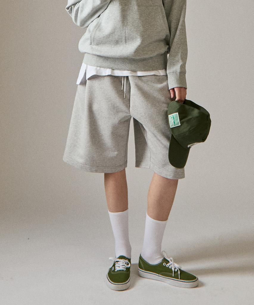 BASIC HOUSE Uni Bermuda Wide Single-Pleat Special Double-Sided Shorts Melange Grey