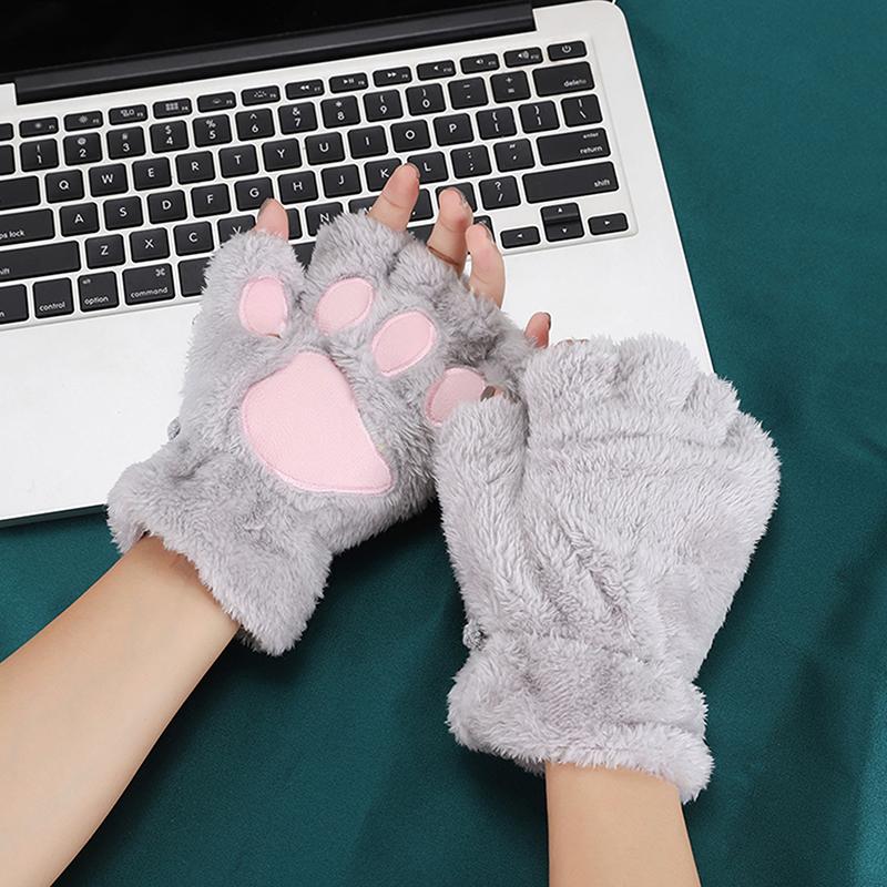 Cartoon Cute Cat Claw Gloves Women Plush Mittens Warm Soft Plush Short Fingerless Fluffy Gloves Winter Half Finger Gloves