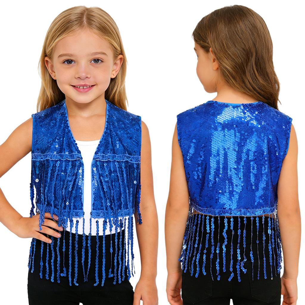Vielseitige Tanzweste für Mädchen: Glänzendes Pailletten-Crop-Top mit Quasten, ärmellose Weste für Jazz, Cha-Cha, Halloween & Mottopartys