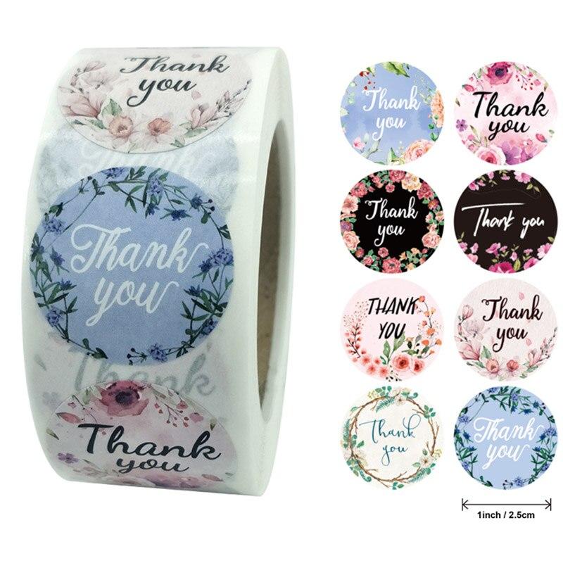 500pcs/roll Thank You Sticker for Seal Labels Round Floral Multi Color Labels Sticker Handmade Offer Stationery Sticker