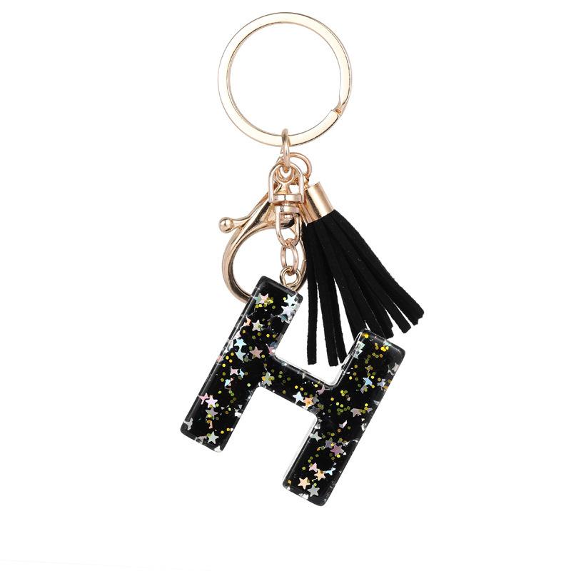 Black Glitter Star Sequins Resin 26 Letters Keychain Initials A-Z Keyring Tassel Charm Accessories Backpack Hanging Decoration
