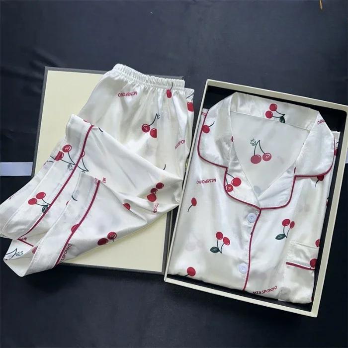 2 Pezzi Stampa Indumenti da Notte Raso di Seta Sintetica Pigiami Moda Casual Pigiama Donna Set Pigiama con Pantaloncini Abiti Pittura a Inchiostro