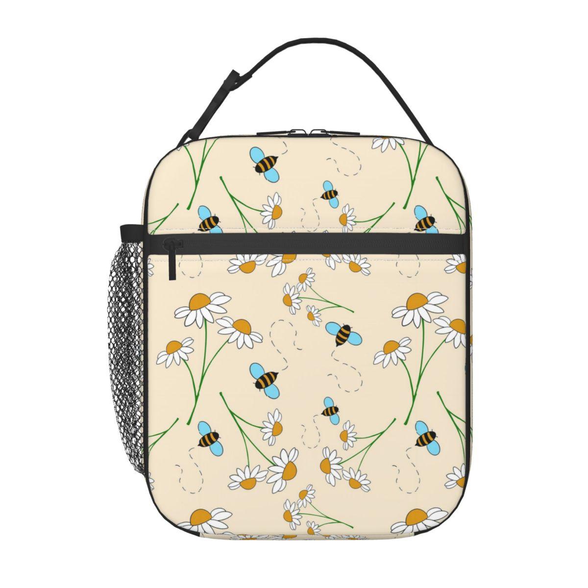 

Cartoon Bee And Daisy In Blue Background Insulated Lunch Bag for Women Kids Portable Food Boxes Thermal Lunch Box Tote One Size