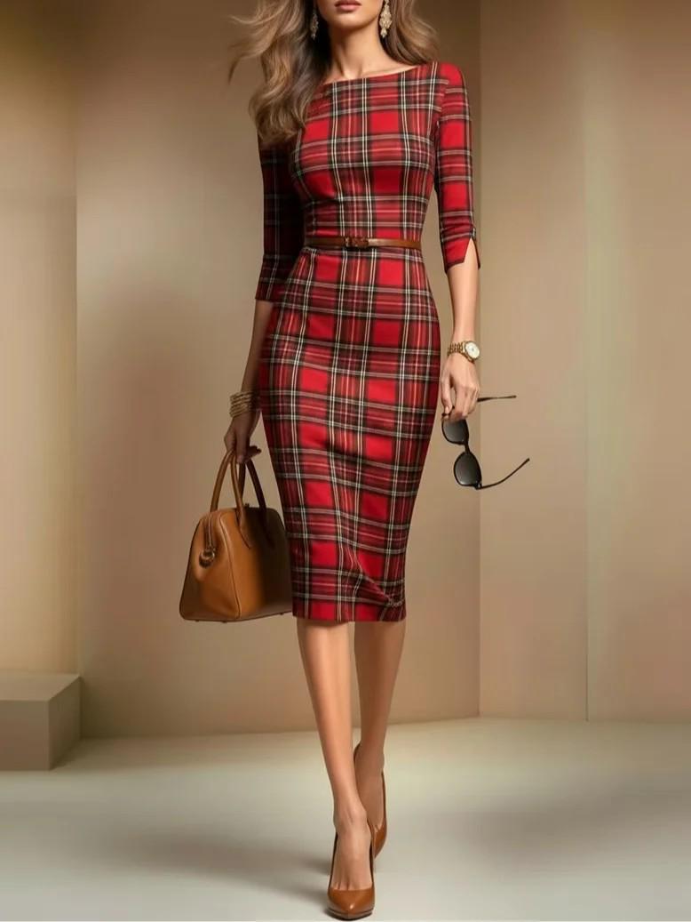 

2025 Classic Plaid Boat Neck Seven-Sleeve Dress XL красный