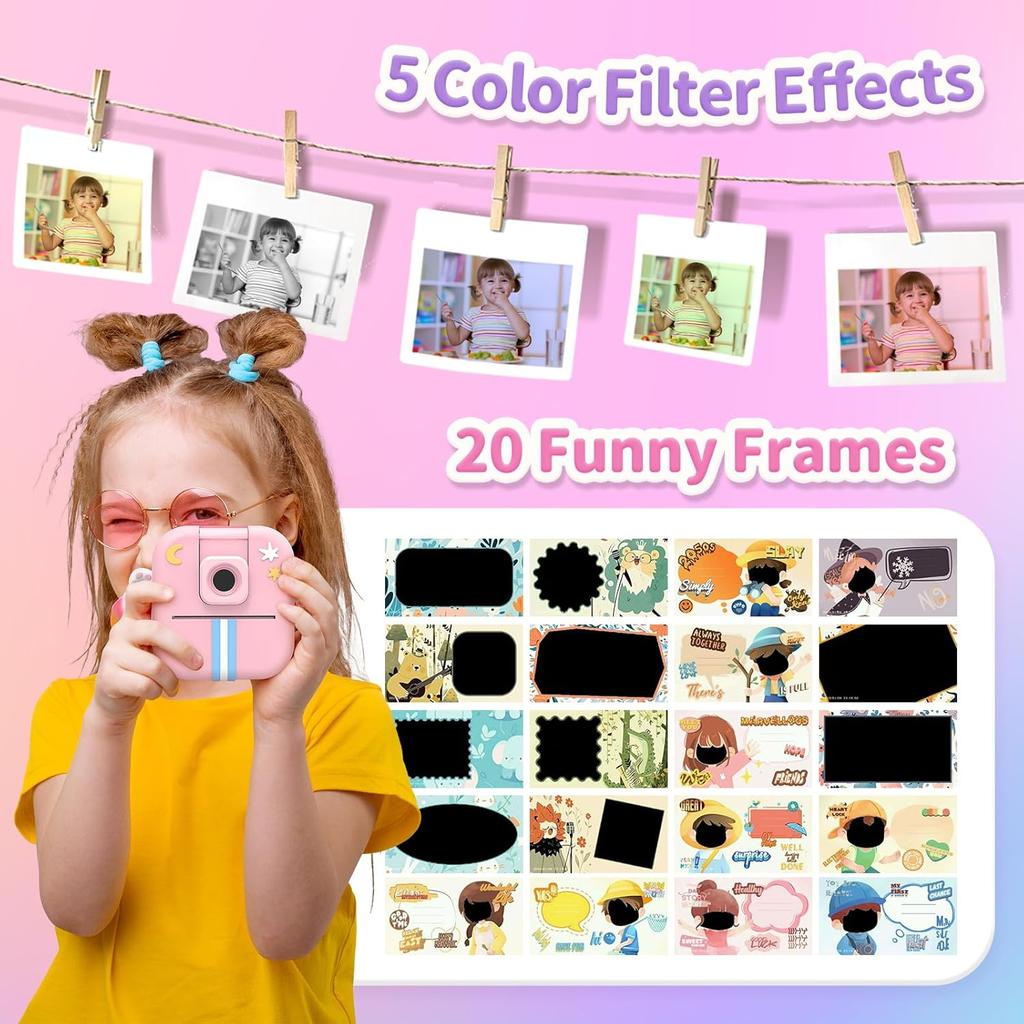 Kids Camera Instant Print,48MP Instant Print Camera for Kids, Pink Digital Camera Toys for Kids with Print Paper & 32GB Card, Birthday Gifts for
