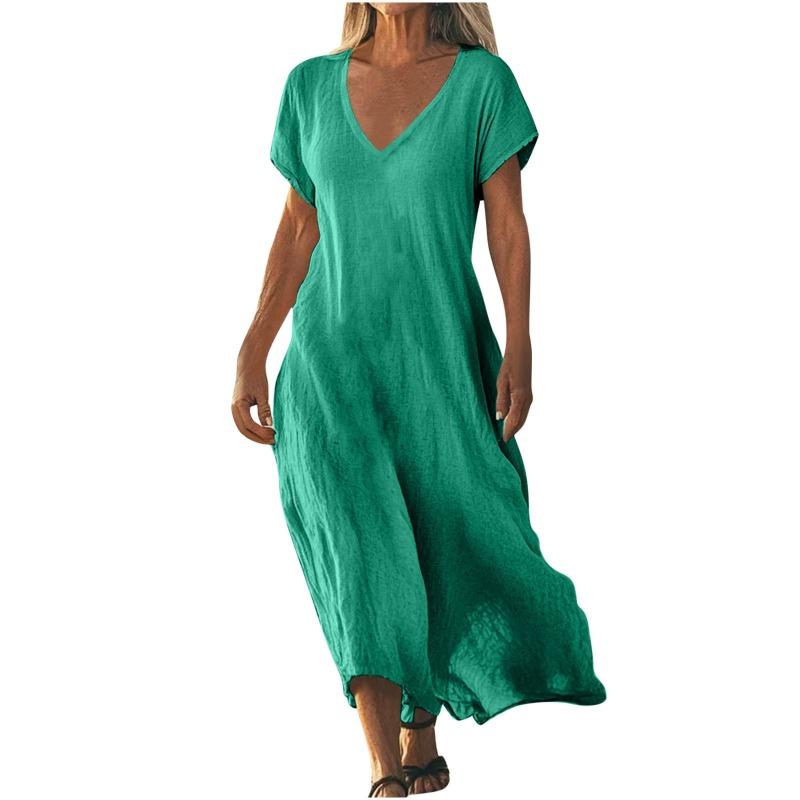 YYFS Women's Fashion Summer Spring Solid Color Print Short Sleeve V-Neck Loose Waistlinet Casual Dresses
