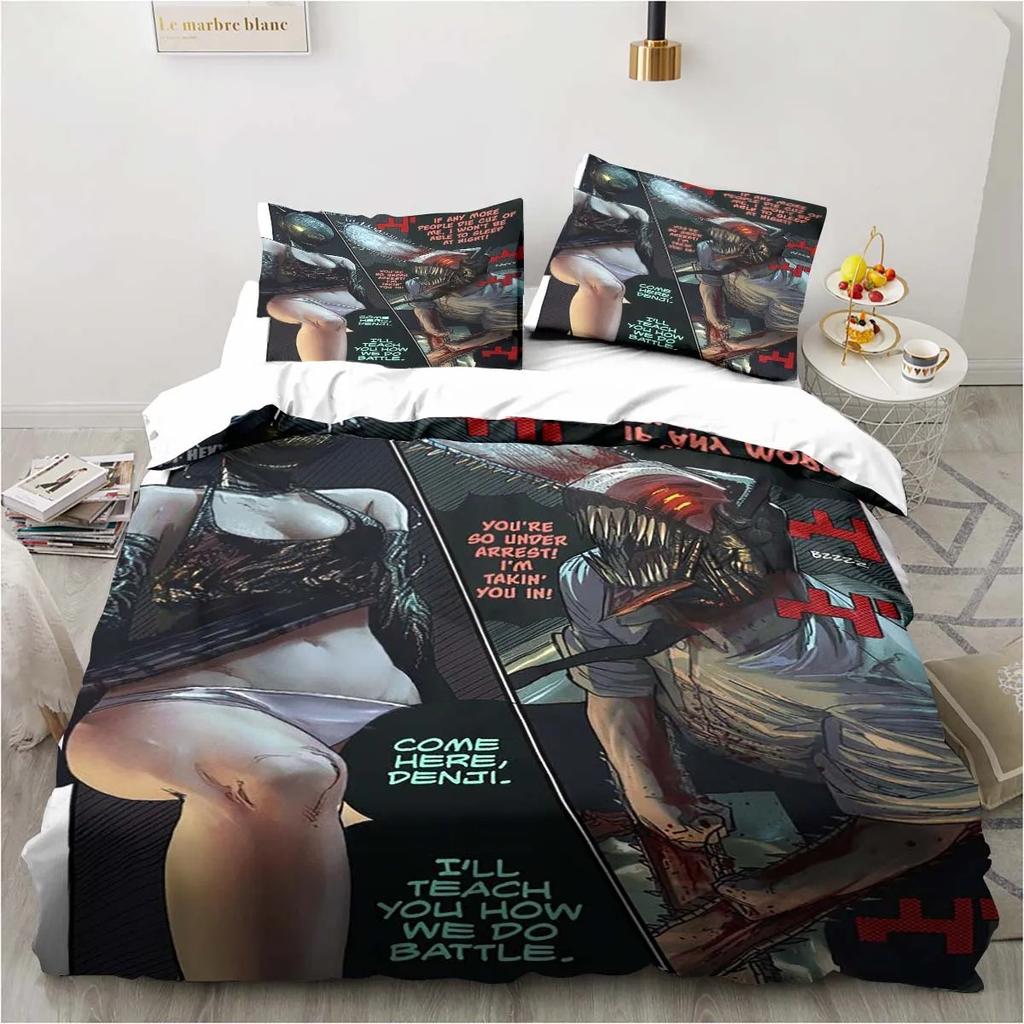 Chainsaw Man Bedding Lovely Anime Cartoon Twin Bedding Set 3 Piece Comforter Set Bed Duvet Cover Double King Cover Home Textile Tool