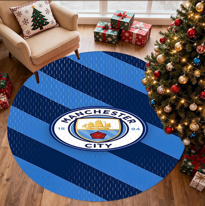 Manchester City FC Pattern Round Rug, Indoor/Outdoor Mat, for Picnic, Gameroom, Bedroom, Office, Living Room, Home Decor Carpet, Birthday Gift