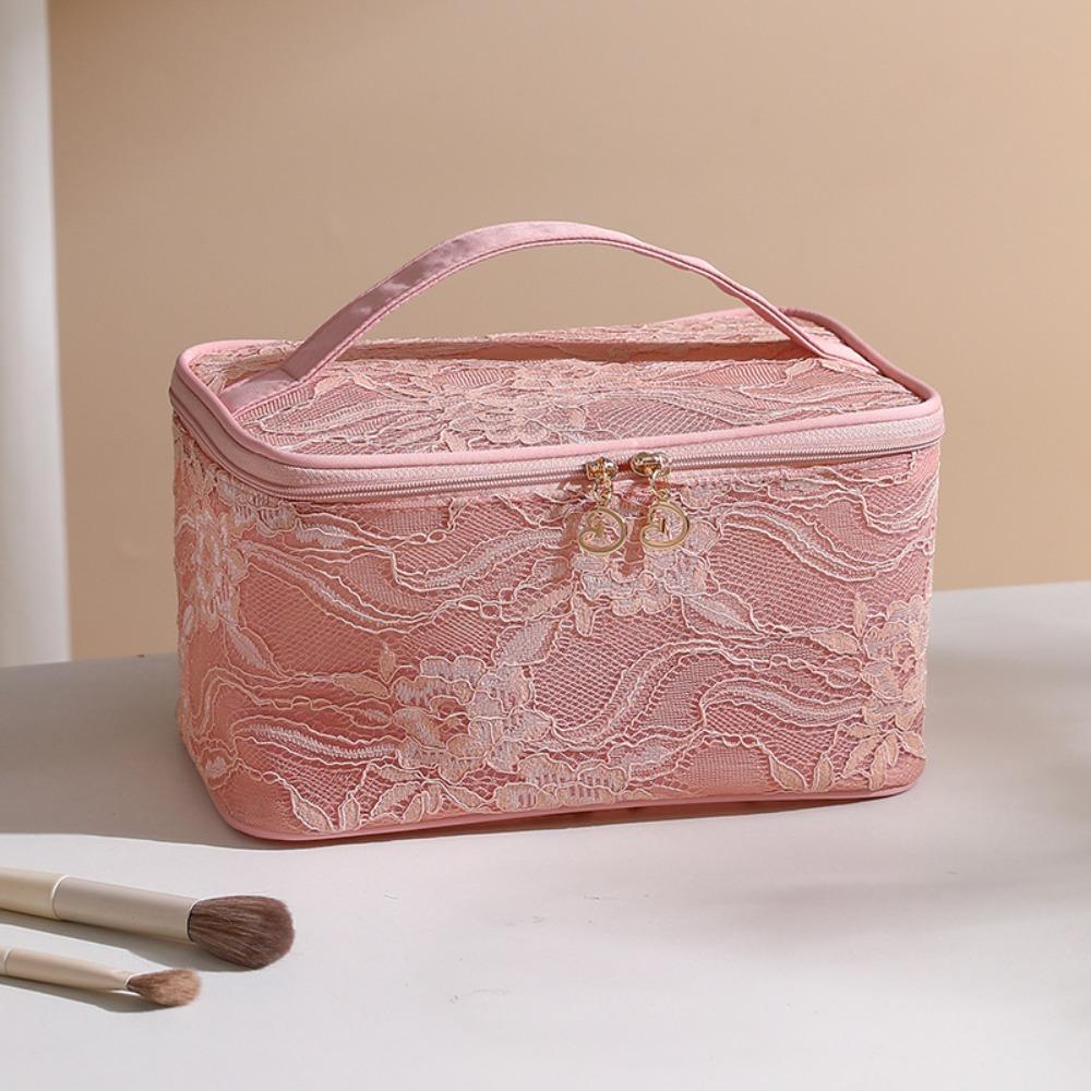 

Elegant Portable Makeup Bag Lace Floral Pattern Travel Toiletry Pouch with Handle Large Capacity Handbag for Women розовый