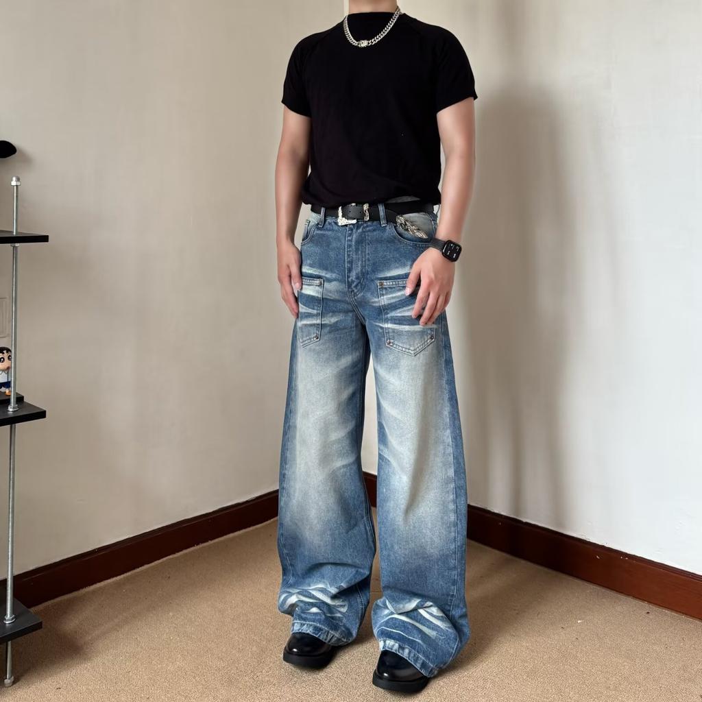 American Retro Washed Cat Whisker Scimitar Jeans Men's High Street Loose Wide Leg Cleanfit Micro Pull Pants Summer