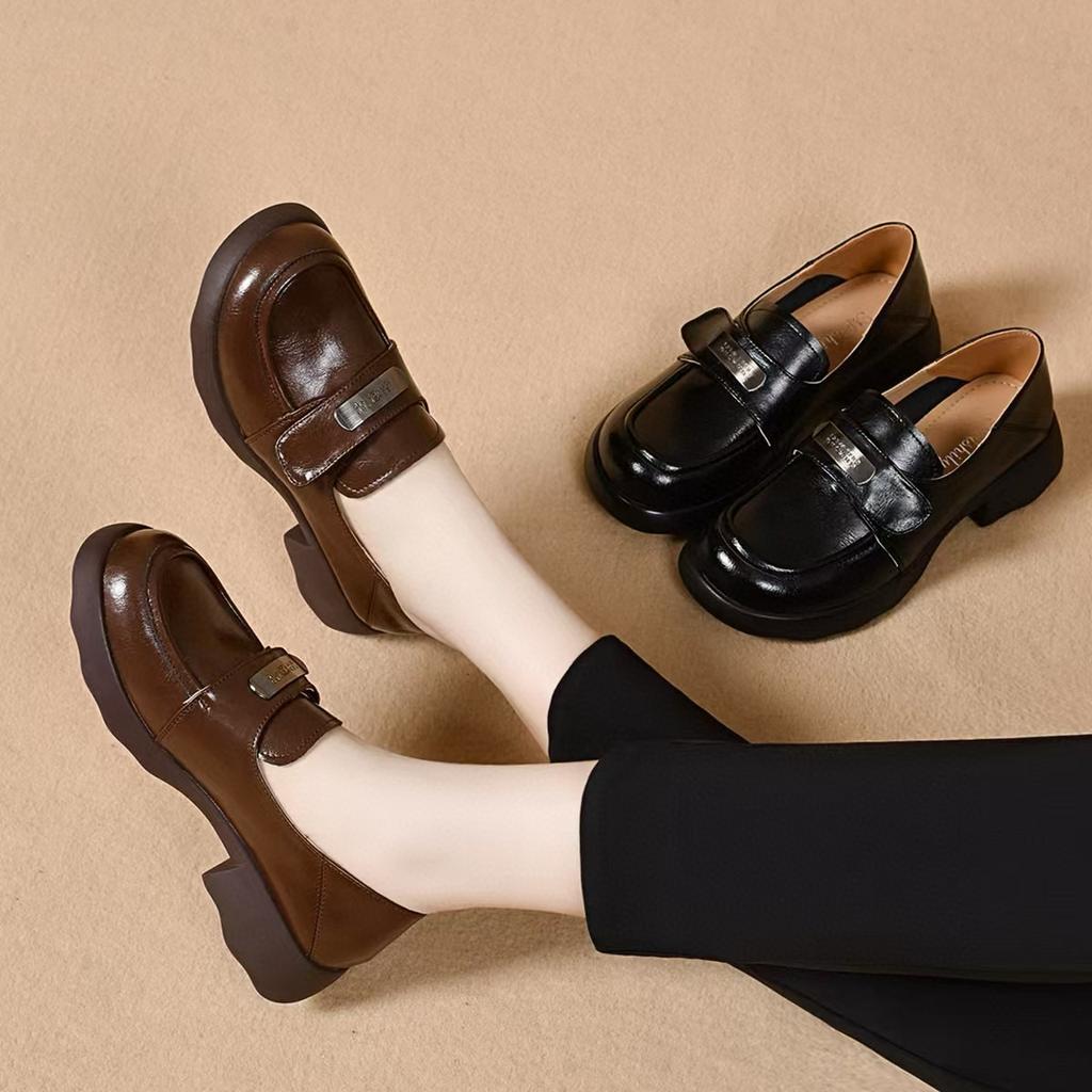 Retro loafers women's shoes spring new simple and comfortable one-pedal British single shoes college style round head small leather shoes