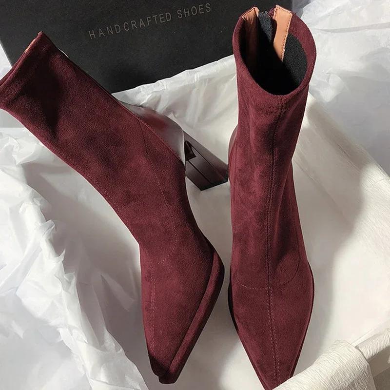 Women's High Heels Boots Sexy Pointed Toe High Heels Boots Fashion Suede Slim Fitting Mid-calf Boots Classic Women Chelsea Boot