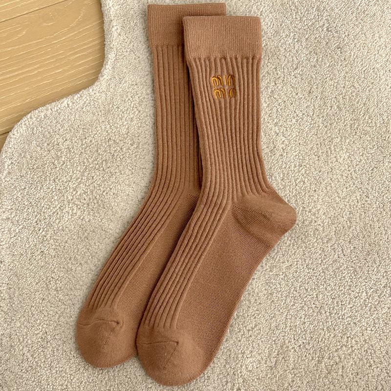 Women's Off-White Slouchy Mid-Calf Socks - Autumn/Winter Gray with Embroidered Personality, Sweat-Absorbent Cotton, Miu Style.