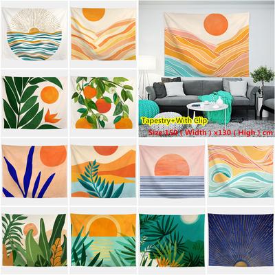 Watercolor Sea Sunset Tropical Forest Print Tapestry  Plants Abstract Landscape Living Room Bedroom Home Decor
