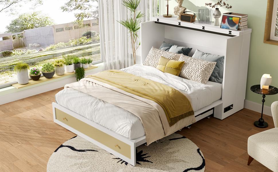 Cabinet Bed, 140 x 200, with Drawers at the Foot and Shelf at the Head of the Bed, with USB and Socket, Convertible Platform, Without Mattress, White