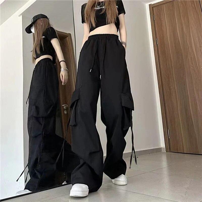 Kadın Y2K Kargo Pantolon Yüksek Bel Streetwear Hip Hop Pantolon Kadın Büyük Cepler Rahat Düşük Bel İpli Baggy Sweatpants