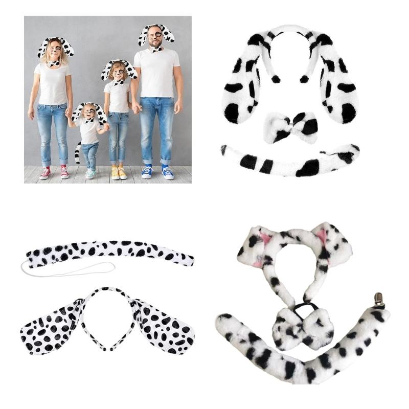 3pcs Cartoon Plush Spotted Dog Ear Shape Headband & Tail & Bowtie Costume Set for Easter Party Carnival Funny Dress